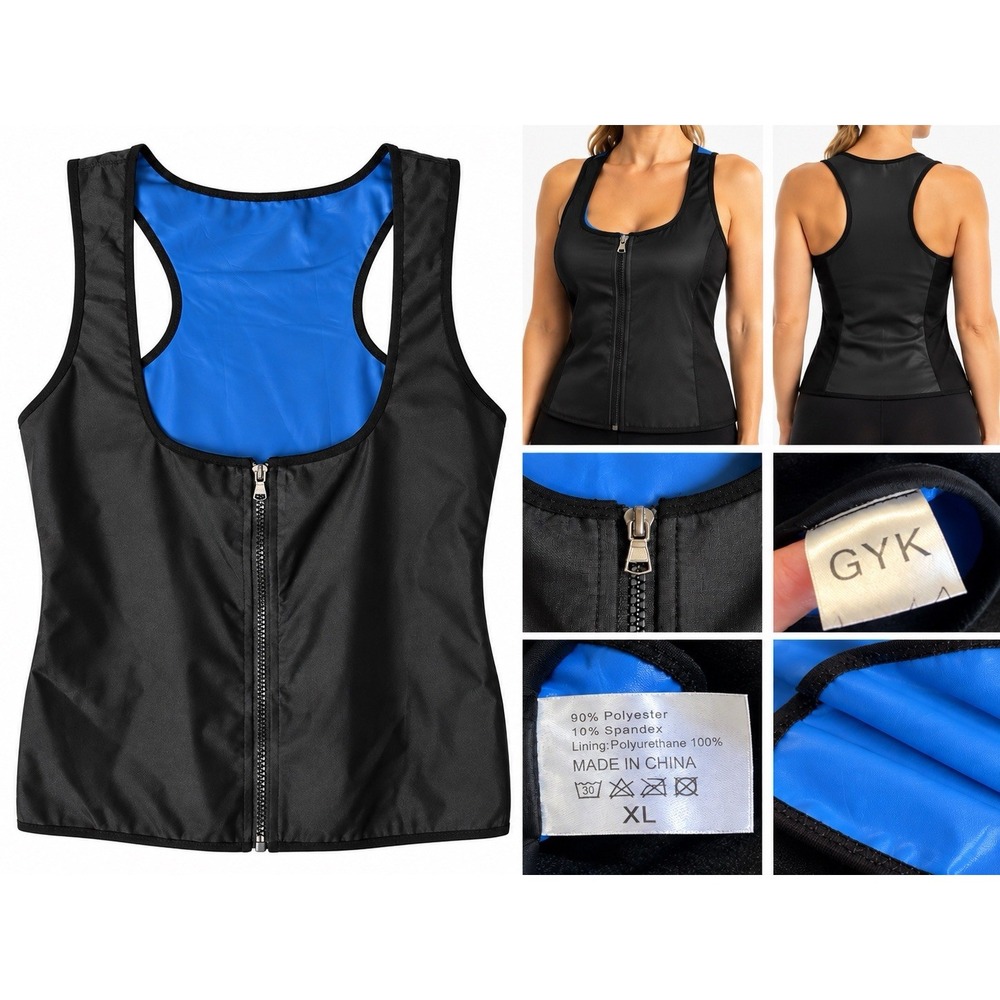 GYK Womens XL Sauna Sweat Vest Zip Front Waist Trainer Compression Workout Black